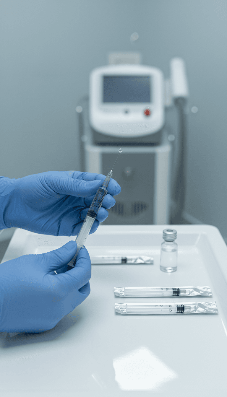 A dark, clinical editorial aesthetic close-up shot of a professional's hands preparing a clear serum-filled syringe on a sterile white medical tray.