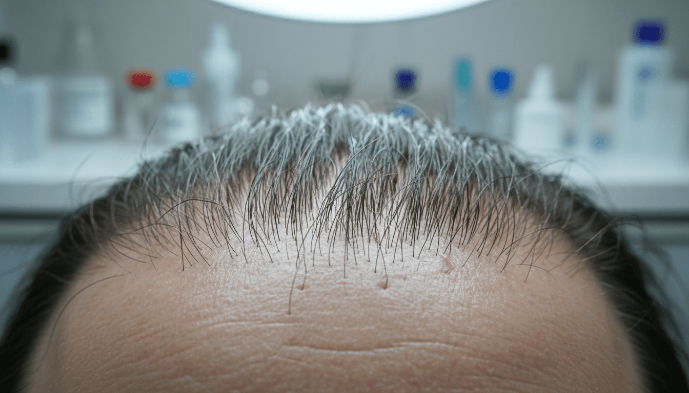 Close-up of human scalp with fine hair strands and micro-needling texture under clinical lighting