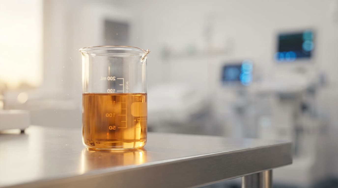 A clinical editorial aesthetic, close-up of a glass vial of clear liquid with a single glowing amber drop falling into it